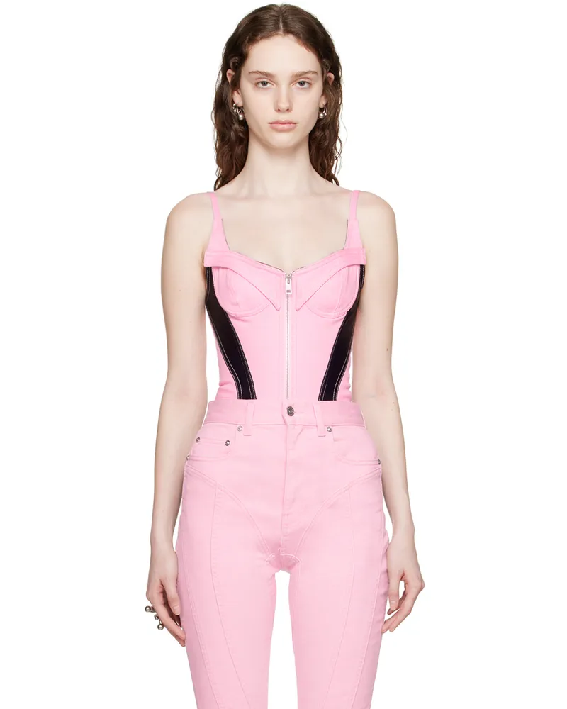 Thierry Mugler Pink & Black Paneled Denim Bodysuit B3510