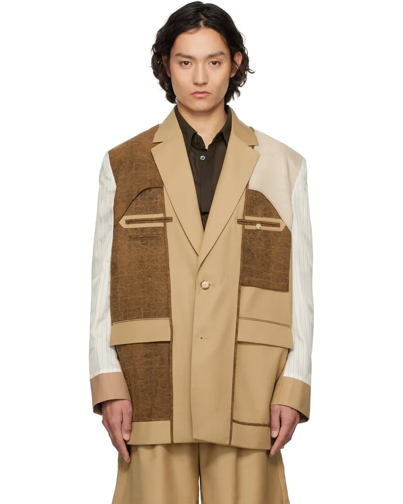 Feng Chen Wang Beige Deconstruction Patchwork Blazer Khaki