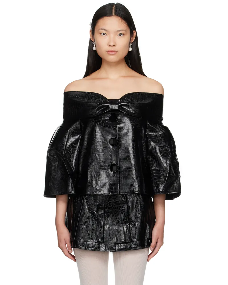 SHUSHU/TONG Black Bow Faux-Leather Blouse Ba100