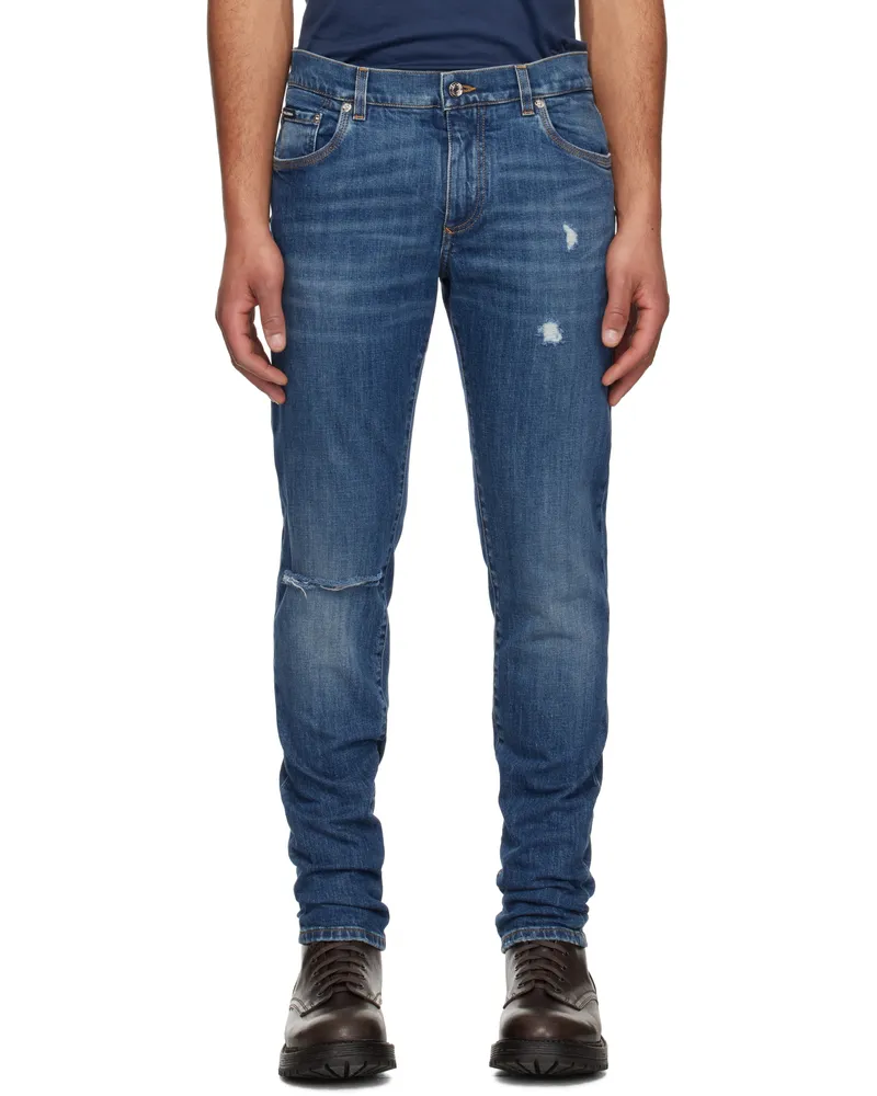 Dolce & Gabbana Navy Slim-Fit Stretch Cotton Logo Embroidery Jeans Variante