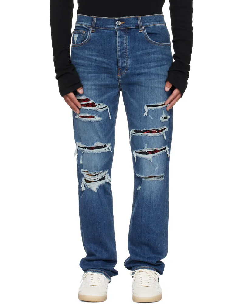 Amiri Blue Floral Velvet Slim Thrasher Jeans Dark