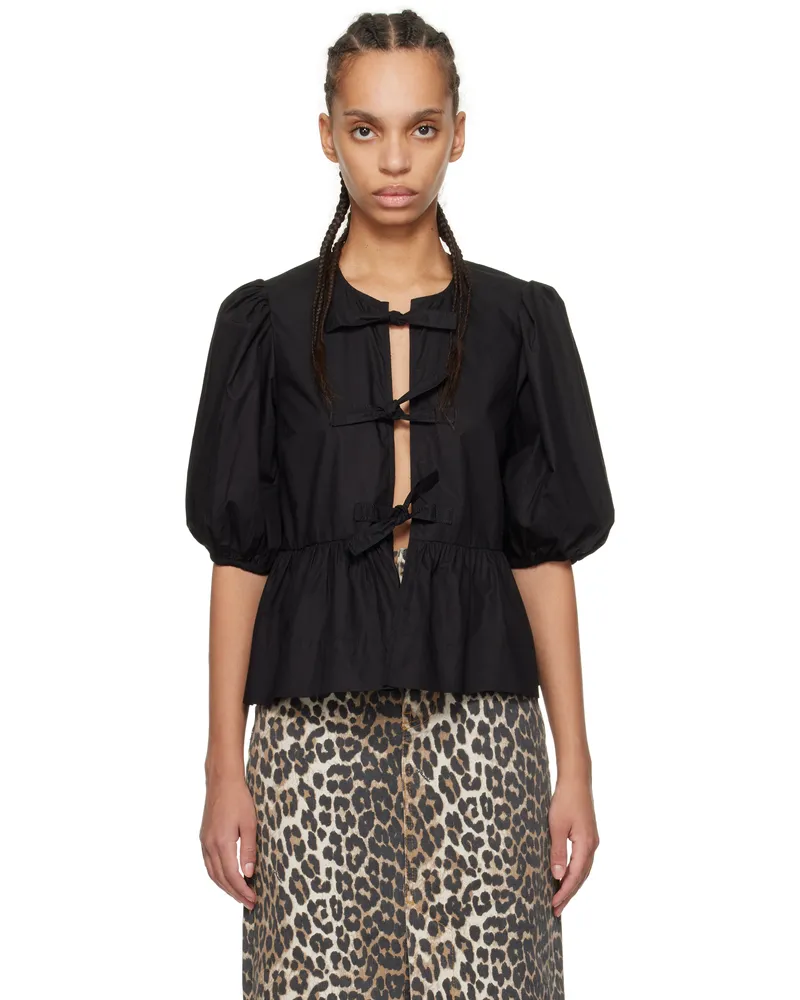 Ganni Black Cotton Poplin Peplum Tie Blouse 99