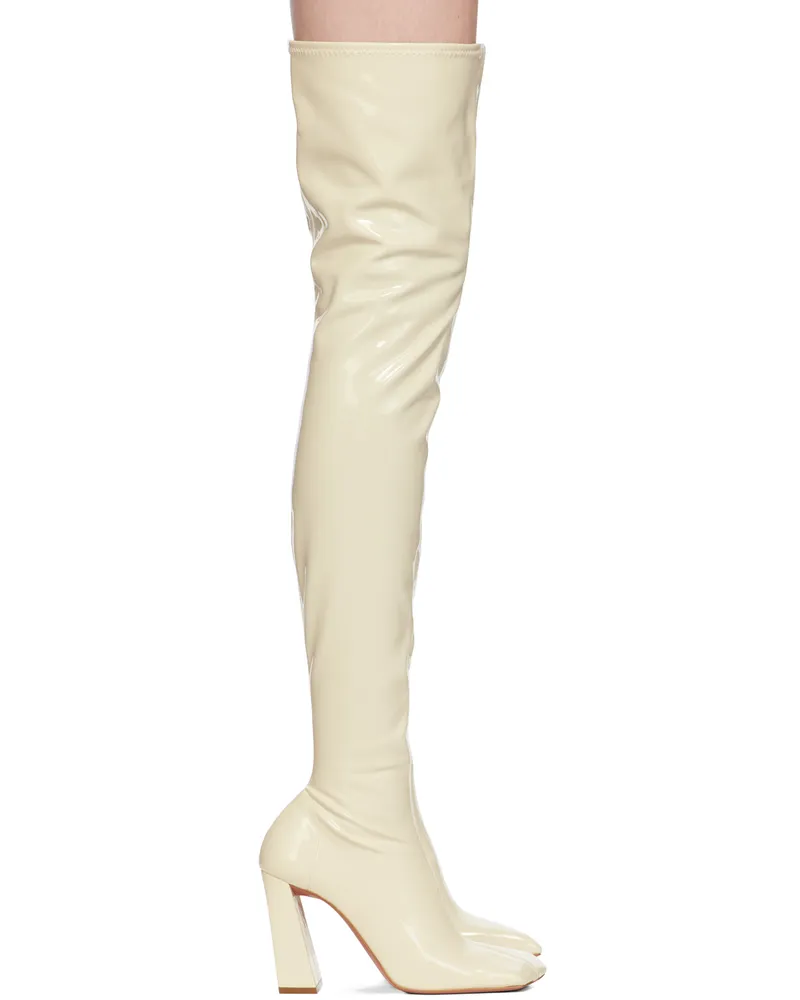 Amina Muaddi Off-White Marine Stretch Thigh High Boots Almond