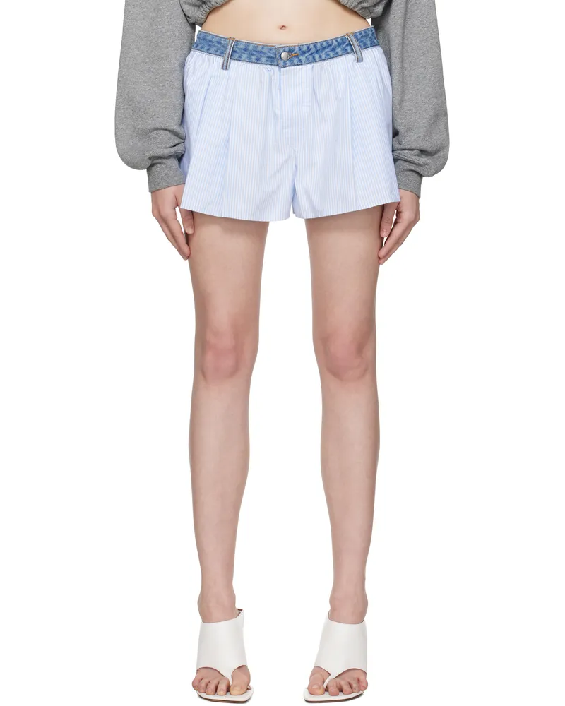 Alexander Wang Blue & White Denim Waistband Oxford Boxer-Style Shorts Oxford