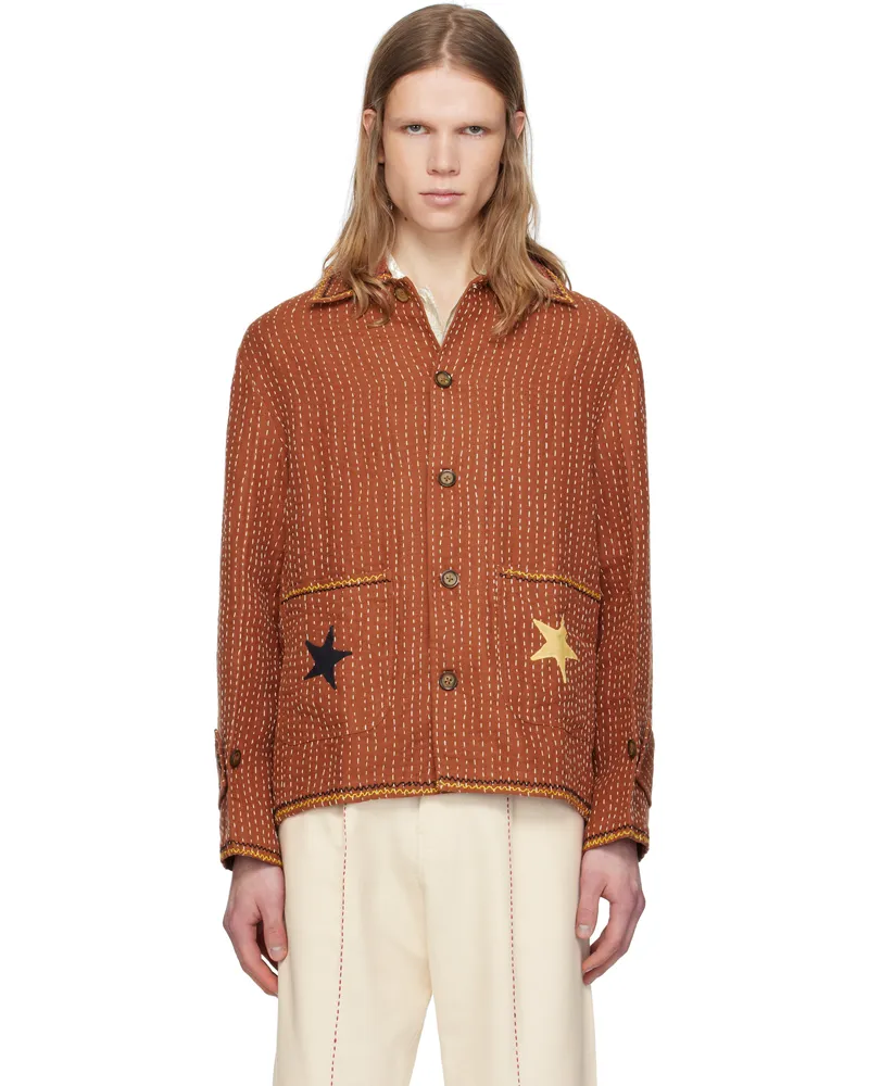 HARAGO Brown Kantha Applique Jacket Brown