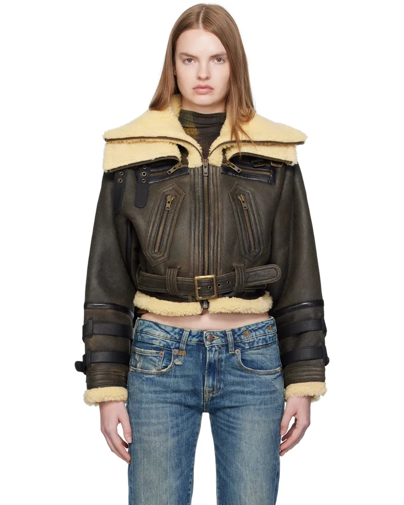 R13 Black Cropped Shearling Bomber Jacket Black