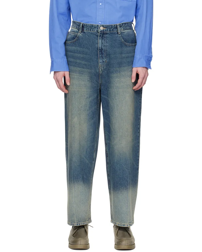 SOLID HOMME Indigo Rough Washed Wide Jeans 820l