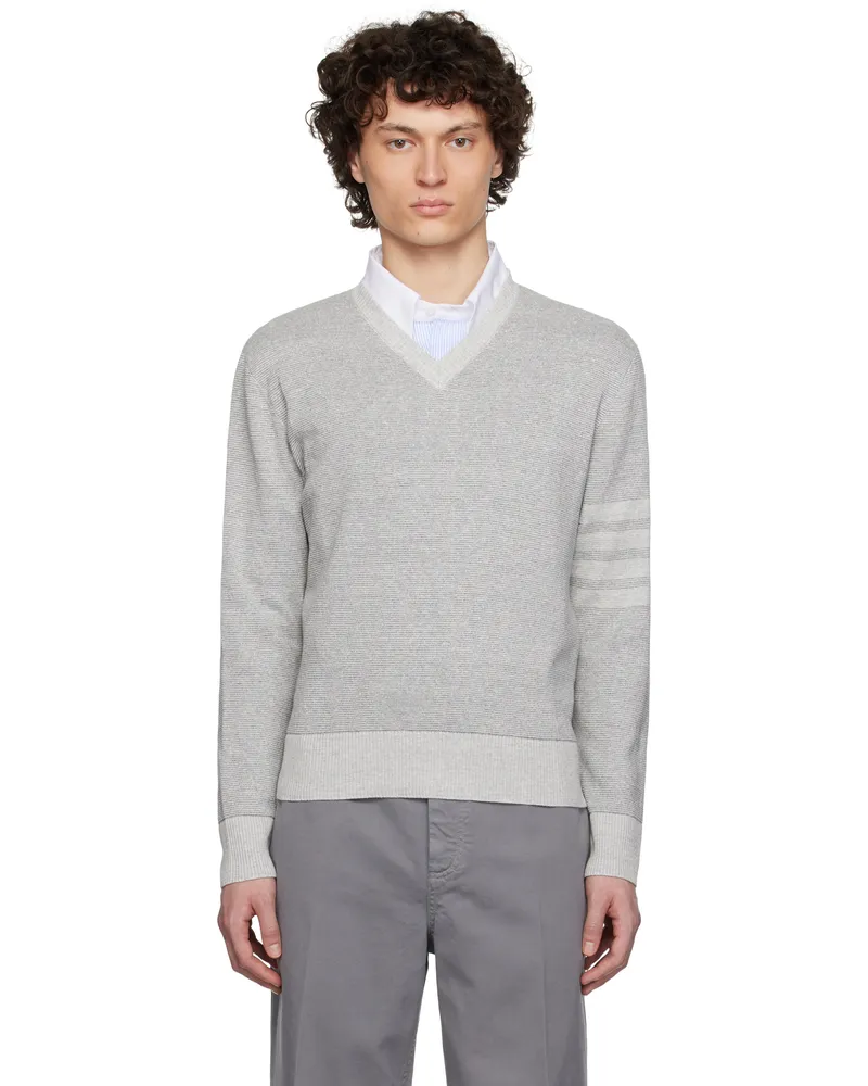 Thom Browne Gray Textured Striped Stitch Linen Cotton V Neck Sweater 982