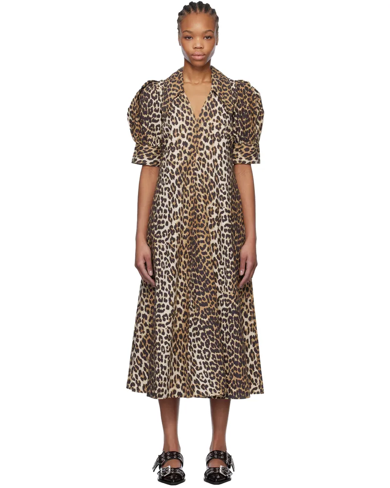 Ganni Brown Leopard Cotton Poplin V-Neck Maxi Dress 943