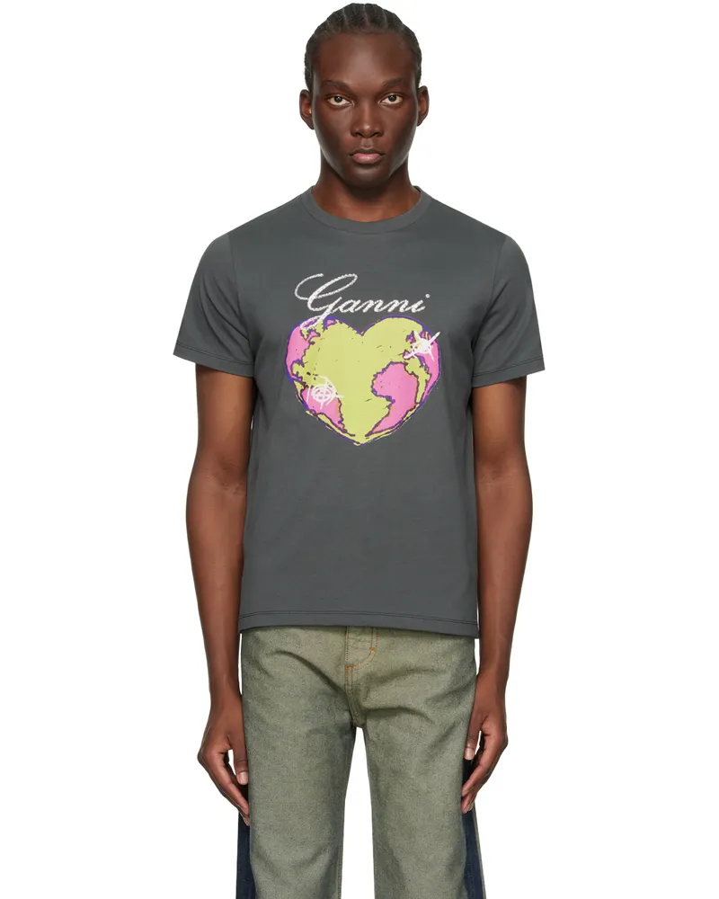 Ganni Gray Relaxed Heart T-Shirt Volcanic