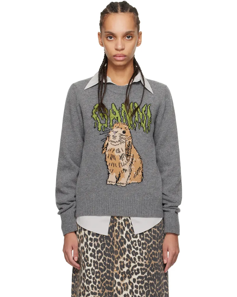 Ganni Gray Graphic Bunny Sweater 523