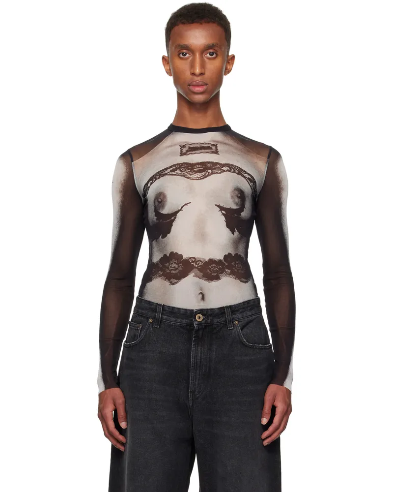 Jean Paul Gaultier Black & White 'Body Lace Marinière' T-shirt 000201-black
