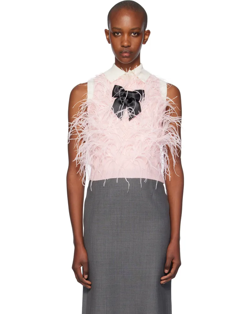 SHUSHU/TONG Pink Ostrich Feather Embellished Knit Vest Pi100