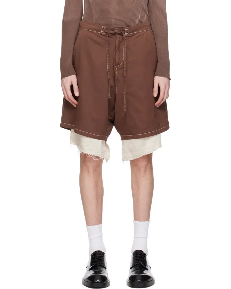 Edward Cuming Brown Drill Satin Exploded Piece Dyed Shorts Washed