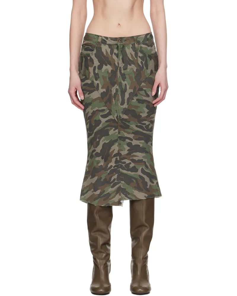 Fax Copy Express Green Camouflage Fishtail Denim Midi Skirt Camo