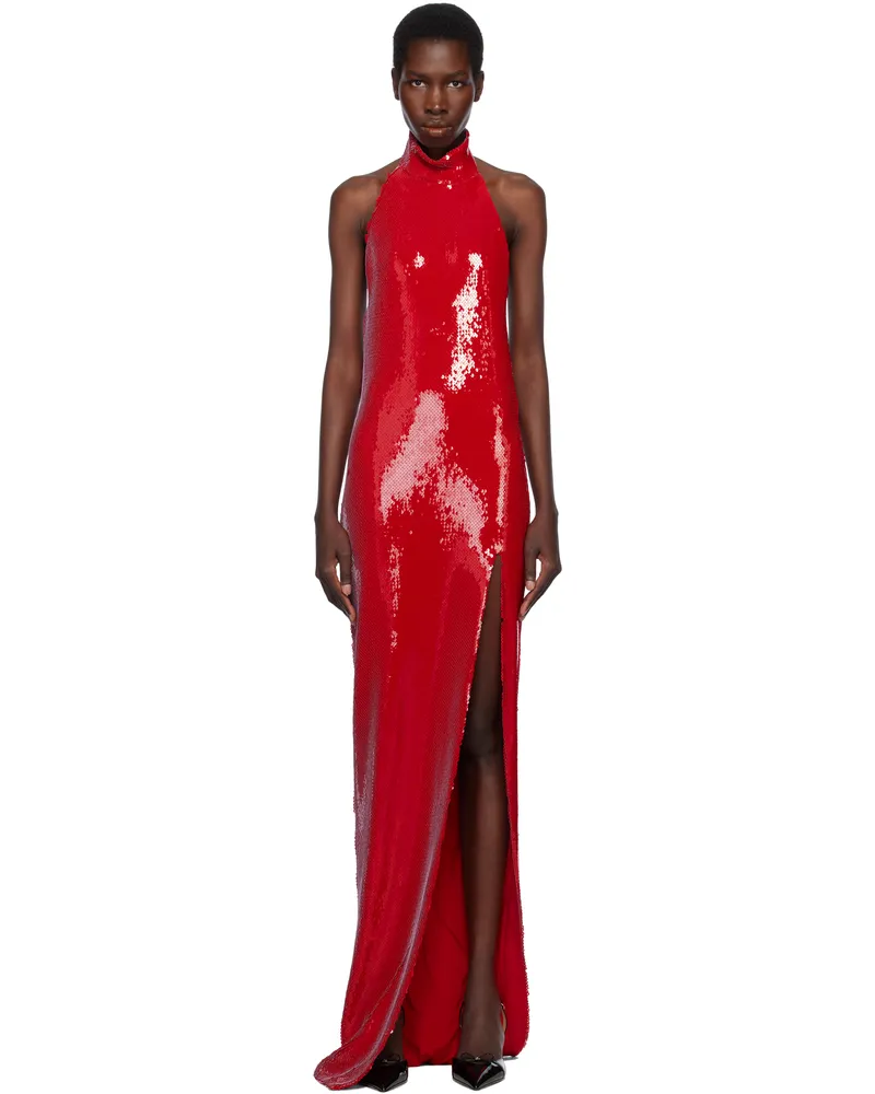 Balmain Red Long Sequin Halterneck Maxi Dress 3ch