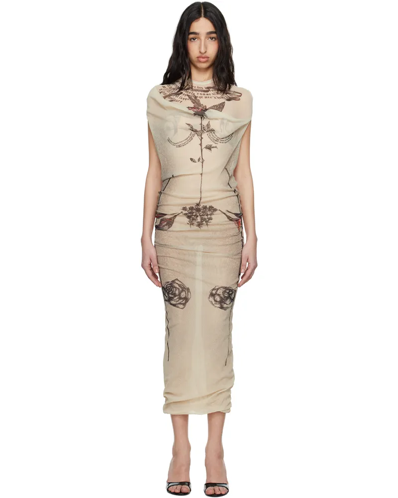 Jean Paul Gaultier Beige 'The Tattoo Rose and Bird' Maxi Dress 030030-ecru
