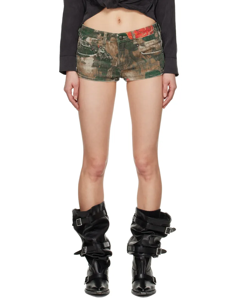 R13 Green & Brown Fitted Boy Micro Denim Shorts Printed