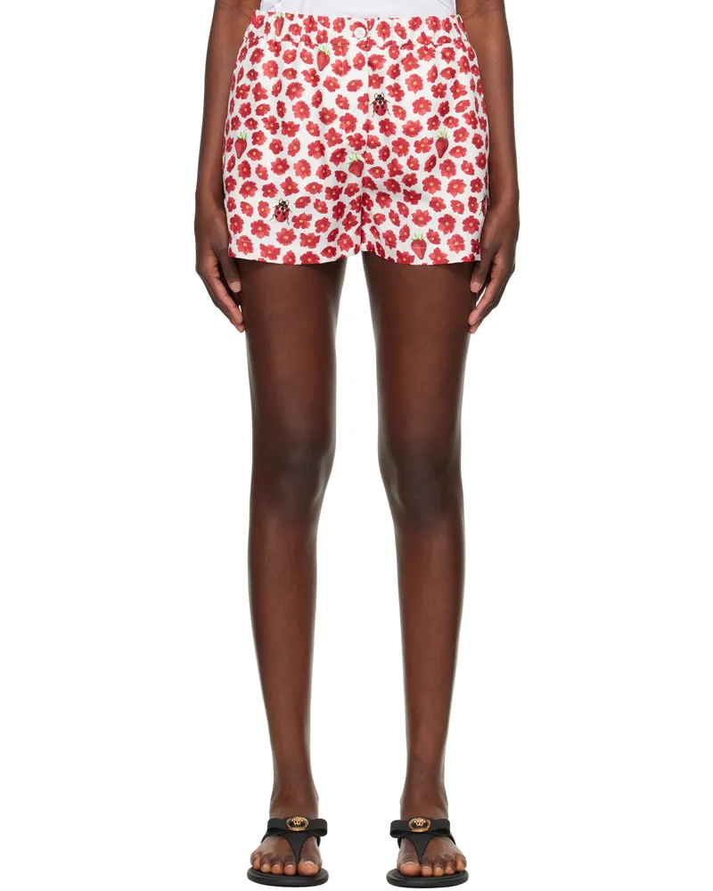 Versace White & Red Strawberry Garden Shorts 5w690-white+red