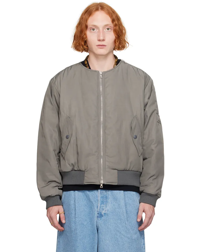 Dries van Noten Gray Collarless Bomber Jacket Grey