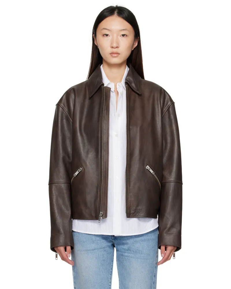 Calvin Klein Brown Biker Distressed Leather Jacket Dusty