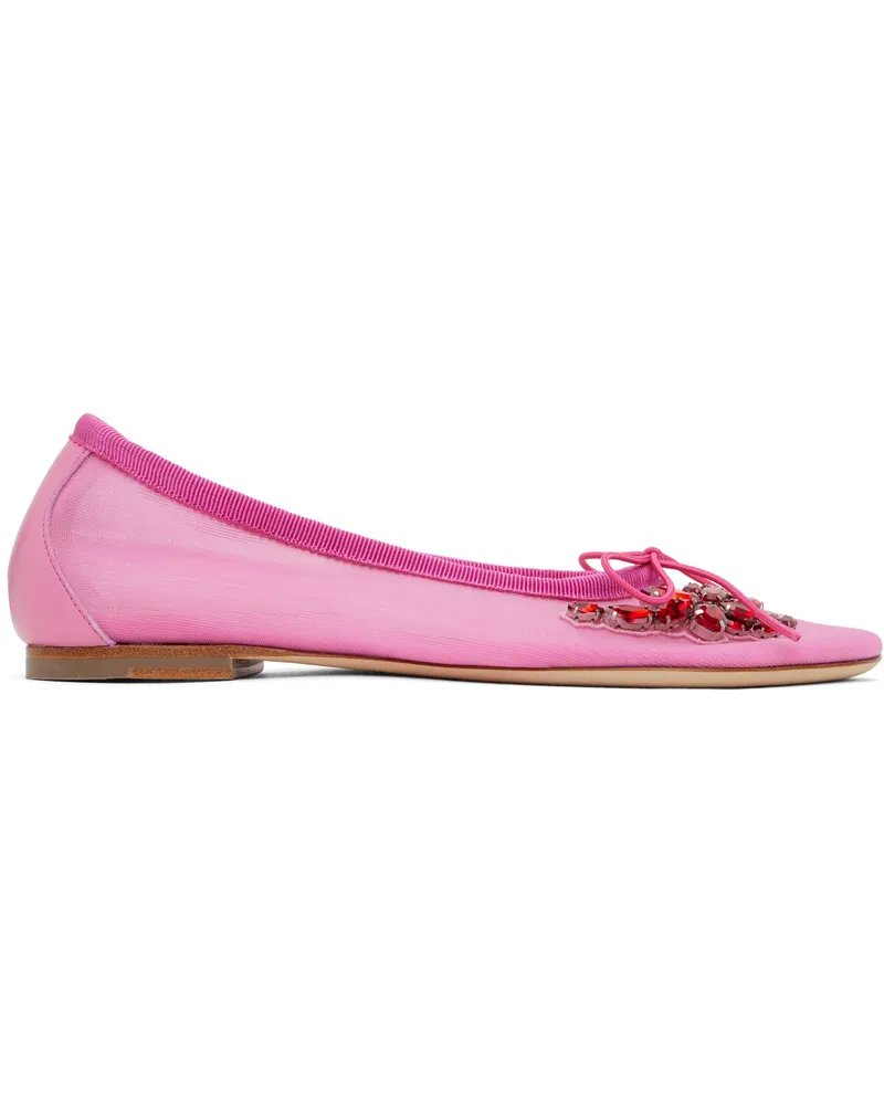 Simone Rocha Pink Embellished Flower Mesh Ballerina Flats Bright