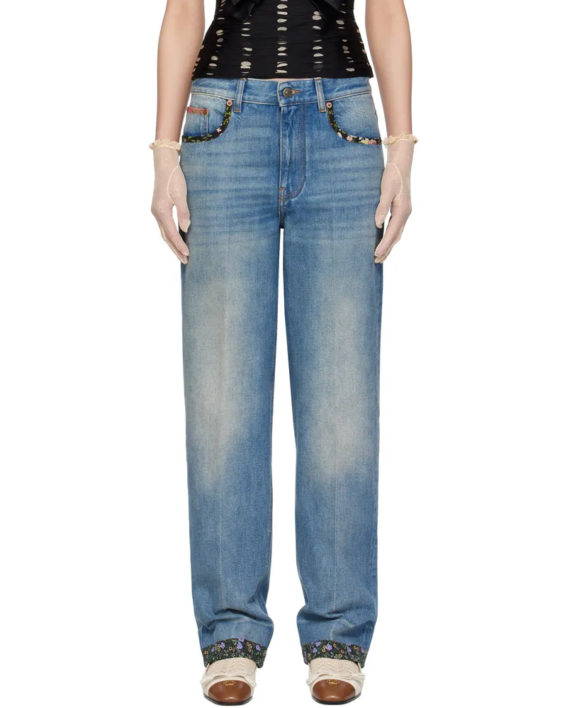 Valentino Garavani Blue Floral Print Hem Jeans 558