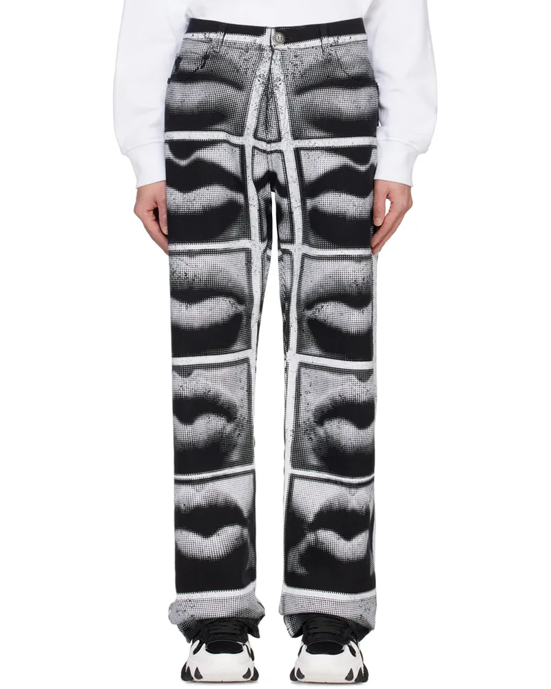 Balmain Black & White Lips Print Loose Jeans Eab