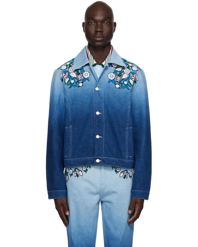 Casablanca Paris Blue Embroidered Denim Jacket Indigo