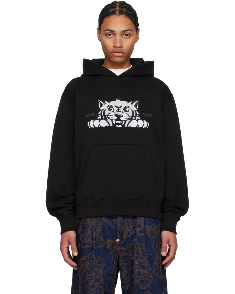 Kenzo Black Kenzo Paris Happy Tiger Embroidered Hoodie Black