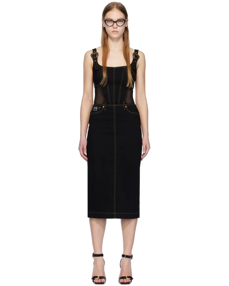 Versace Jeans Black Baroque Buckle Denim Midi Dress E909