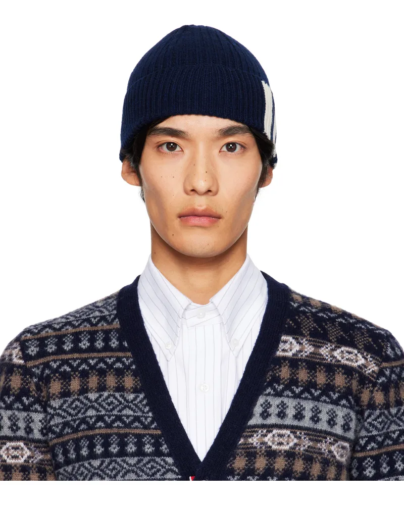 Thom Browne Navy Cashmere 4-Bar Cuff Beanie Navy415
