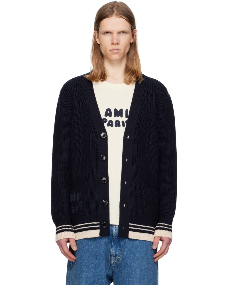 AMI Paris Navy Wool Ribbed Cardigan 4011
