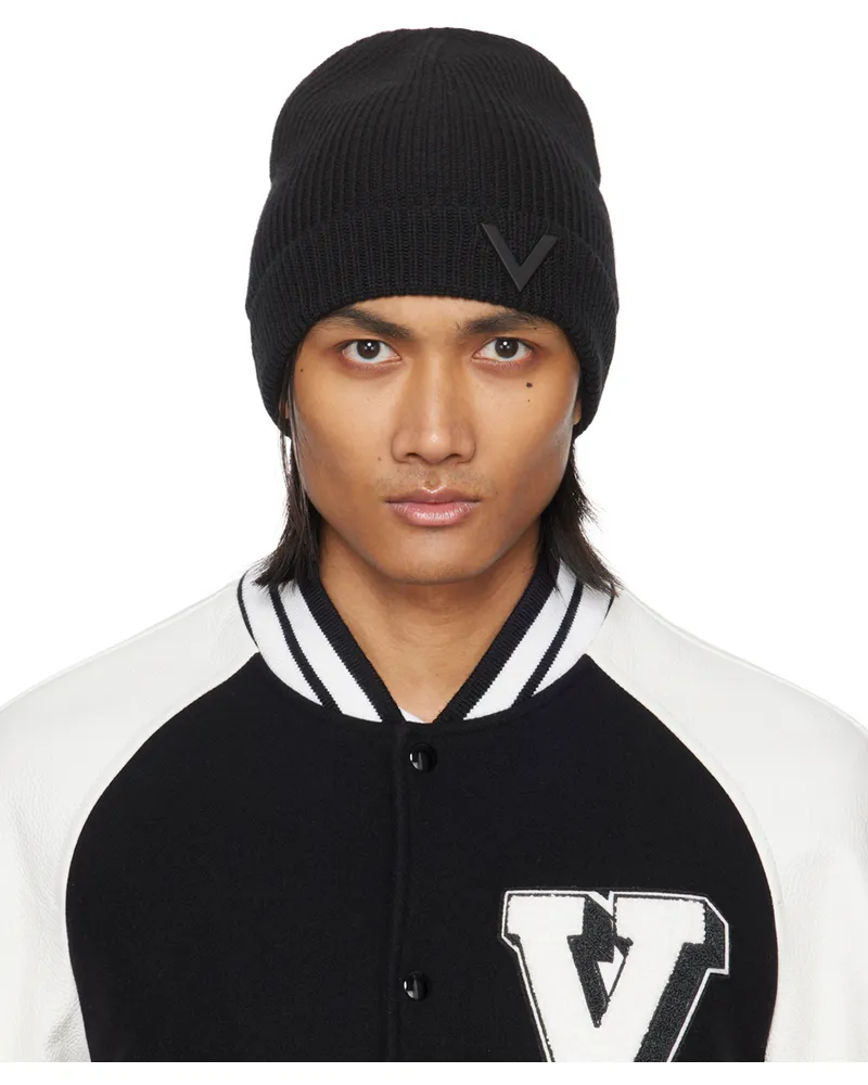 Valentino Garavani Black V Appliqué Beanie Nero