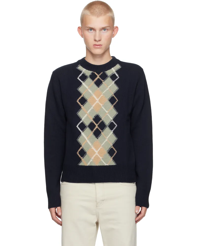 AMI Paris Navy Argyle Crew Neck Sweater Navy