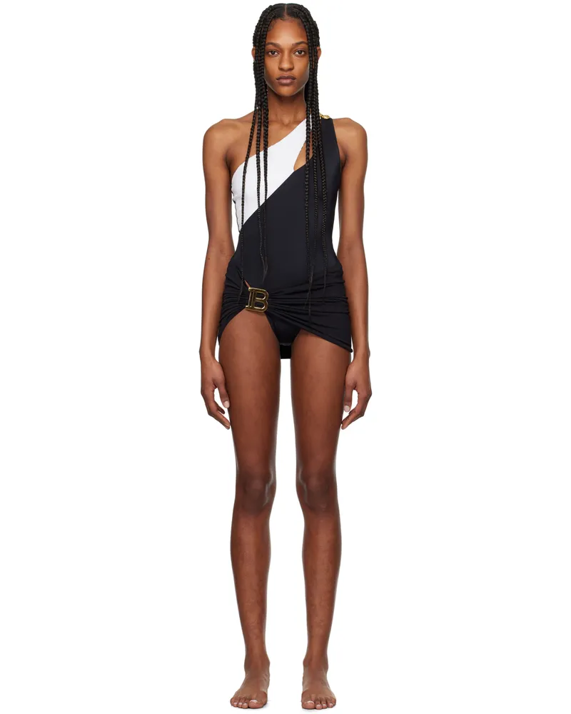 Balmain White & Black Asymmetric One-Piece Swimsuit 110