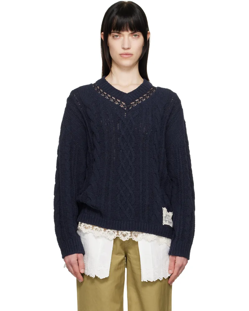Andersson Bell Navy Lace Chunky V-Neck Knit Sweater Navy