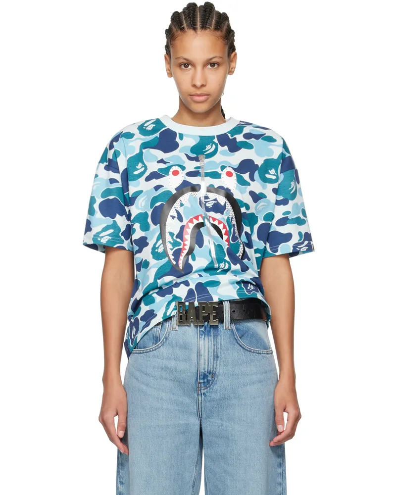 BAPE Blue ABC Camo Crystal Stone Shark T-Shirt Blue