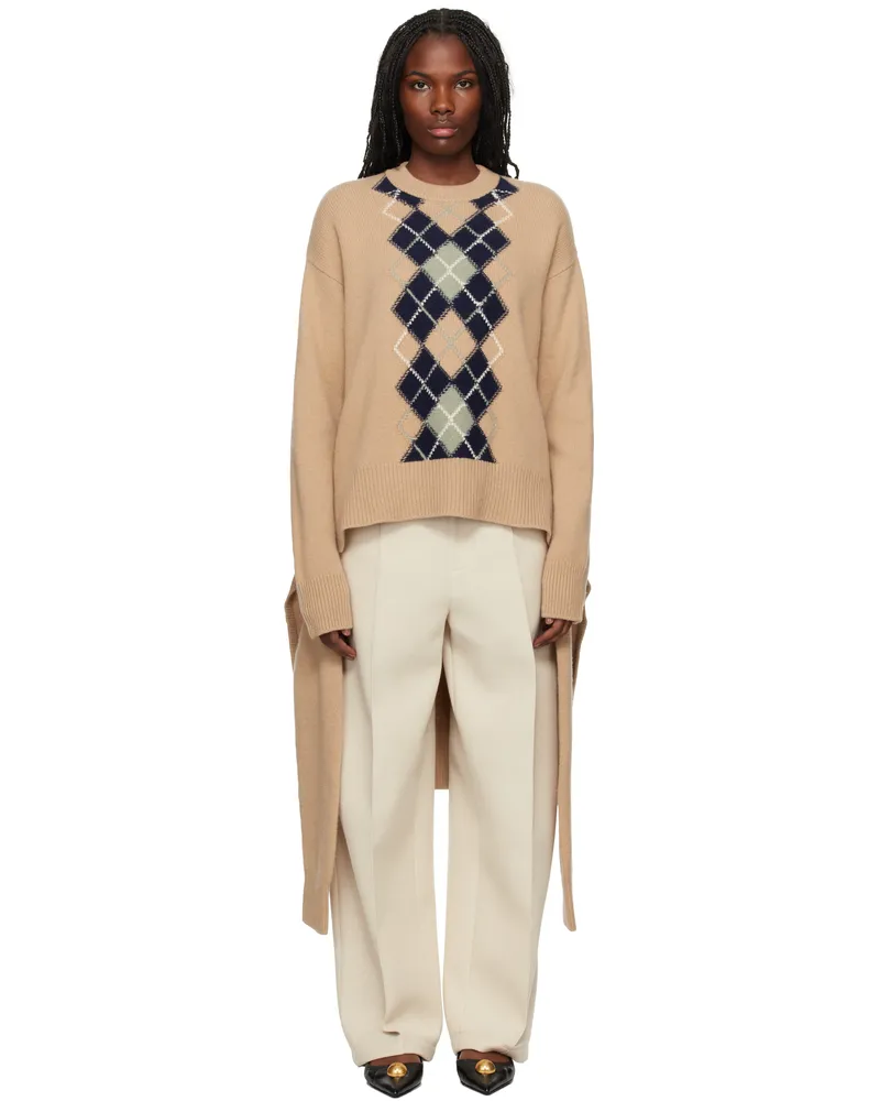 AMI Paris Beige Argyle Double Sweater Navy
