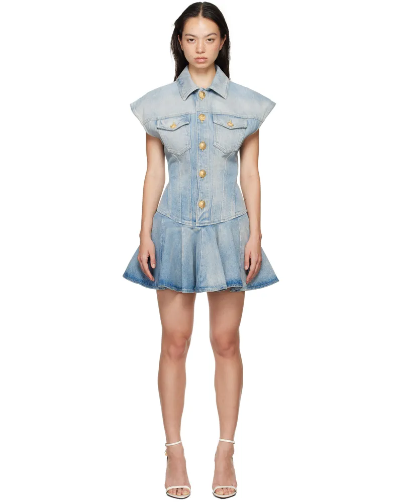 Balmain Blue Flared Denim Minidress 6fc