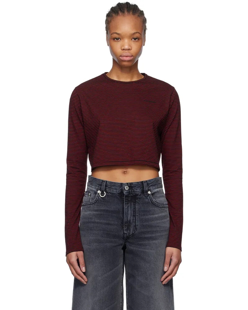 WE 11 DONE Black & Red Striped Cropped T-shirt Black