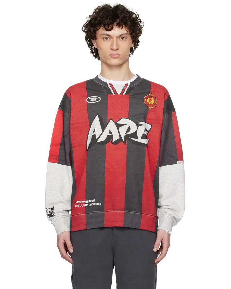 AAPE by A Bathing Ape Gray & Red Moonface Main Crewneck Sweatshirt Wh2