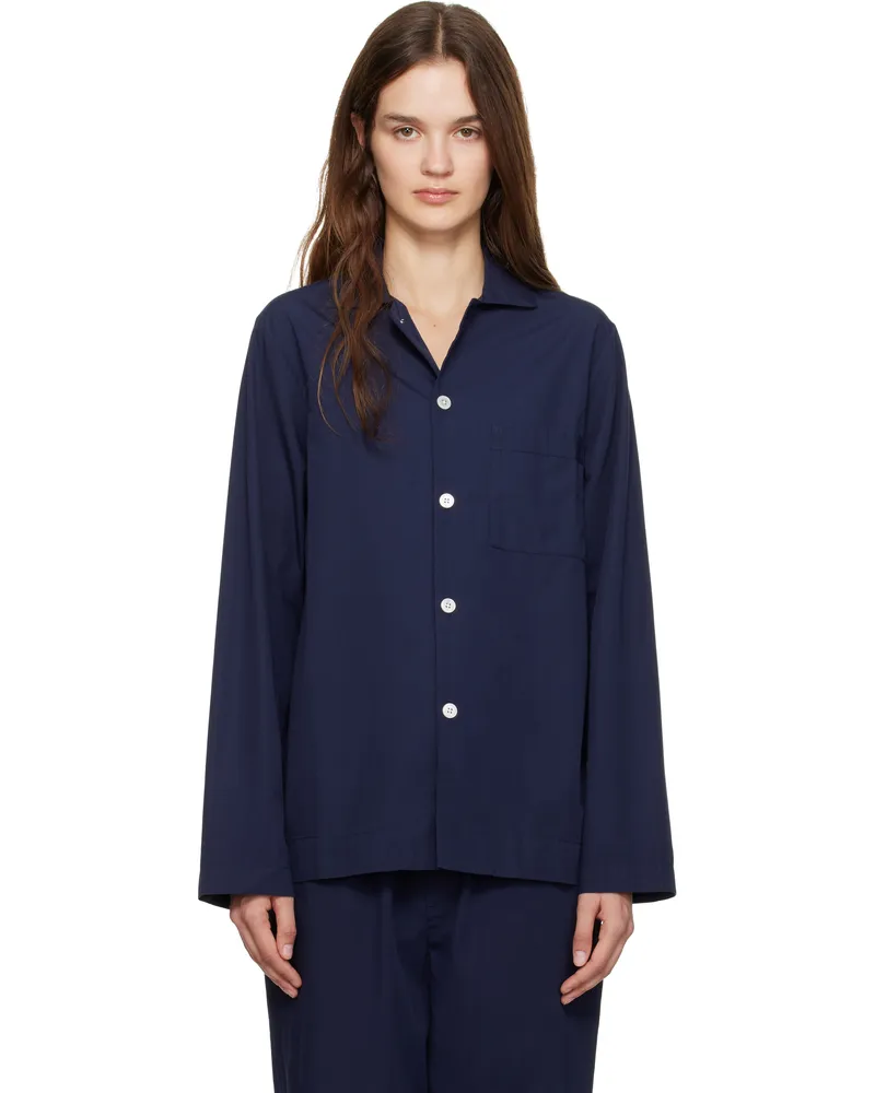 TEKLA Navy Poplin Long-Sleeved Pyjama Shirt True