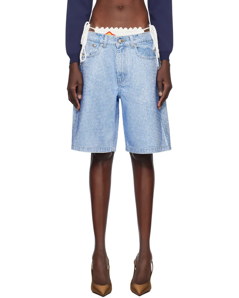 Casablanca Paris Blue Crystal Embellished Denim Shorts Mid