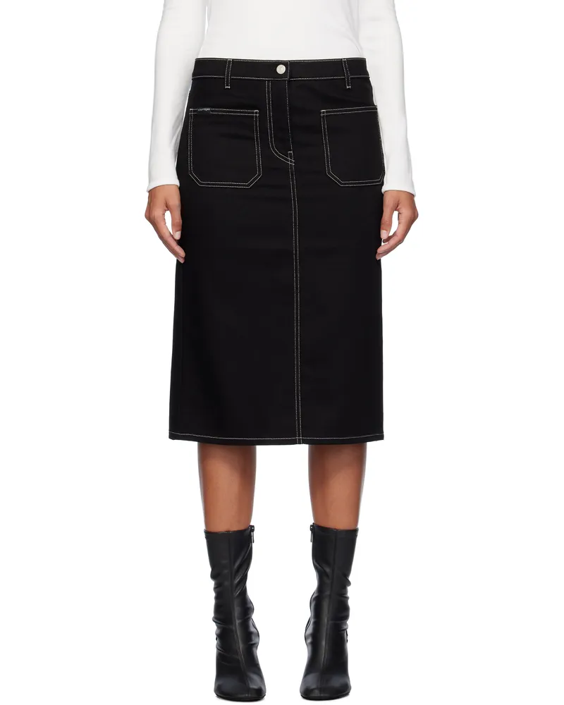 Courrèges Black 2-Pocket Topstitched Denim Midi Skirt B044