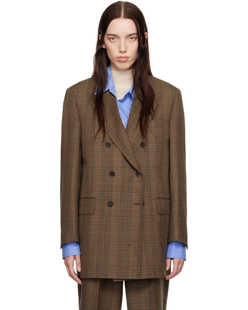 AURALEE Brown Bluefaced Wool Check Double-Breasted Blazer Brown