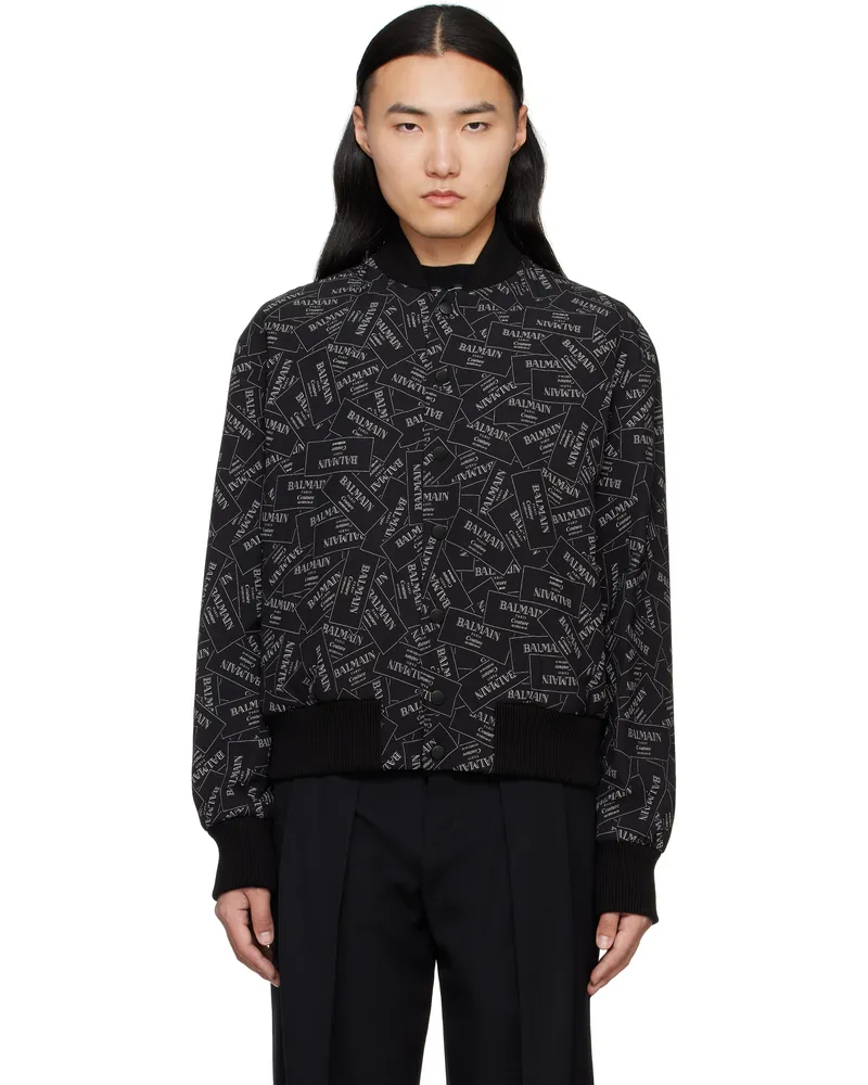 Balmain Black Printed 'Balmain' Label Bomber Jacket Eab