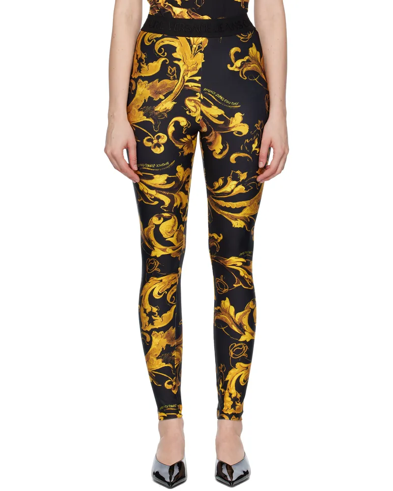 Versace Jeans Black & Gold Lycra Barocco Leggings Eg89