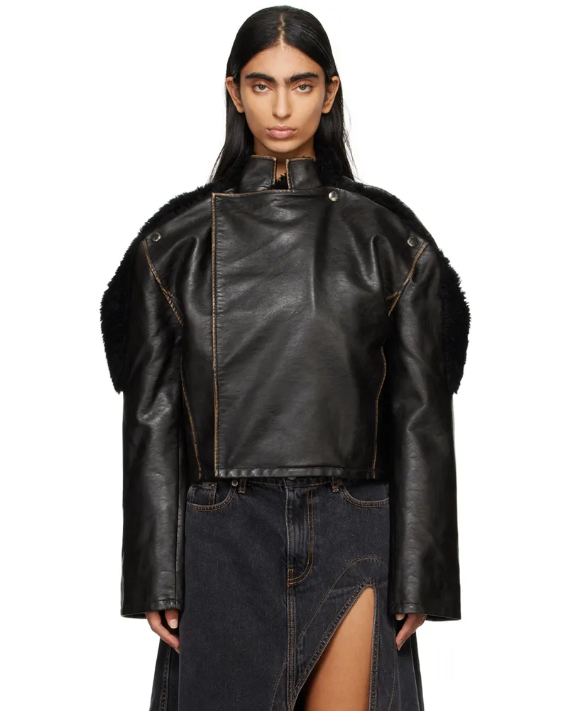 Y/PROJECT Brown Collapsed Shoulder Faux-Leather Jacket Dark