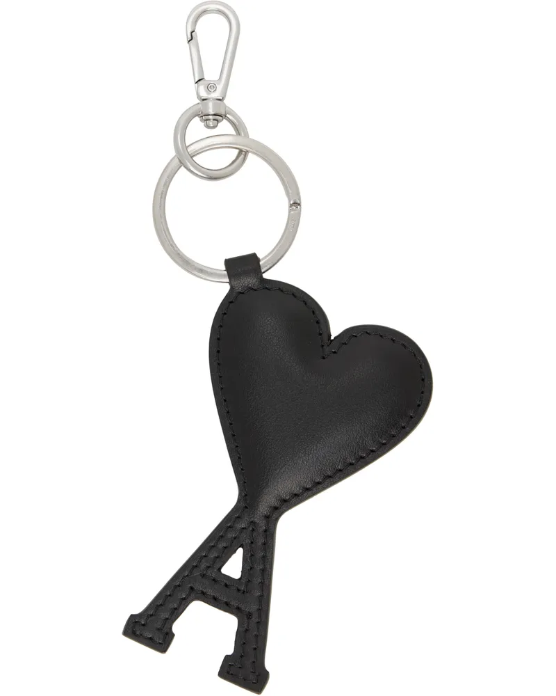 AMI Paris Silver & Black Leather Ami de Coeur Keychain Wool